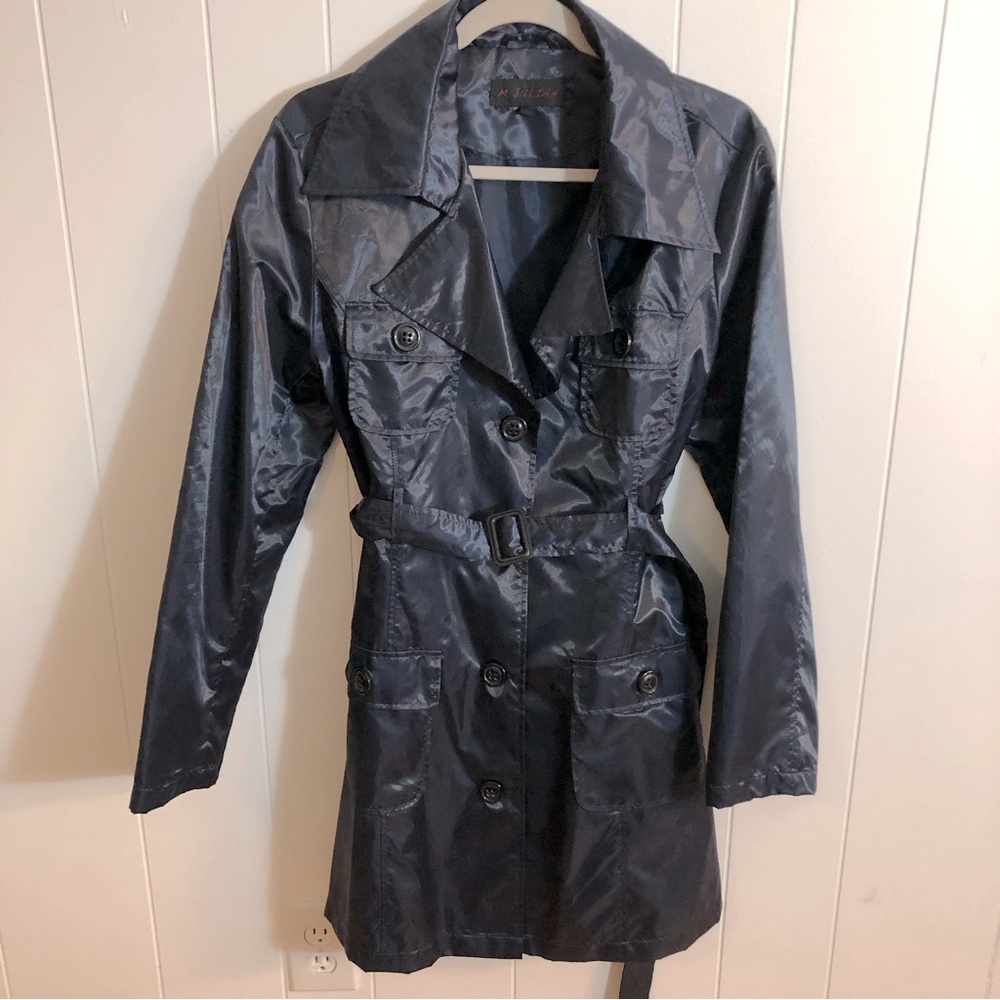 M Julian Navy Shiny Lightweight Trench Coat Jacket Large